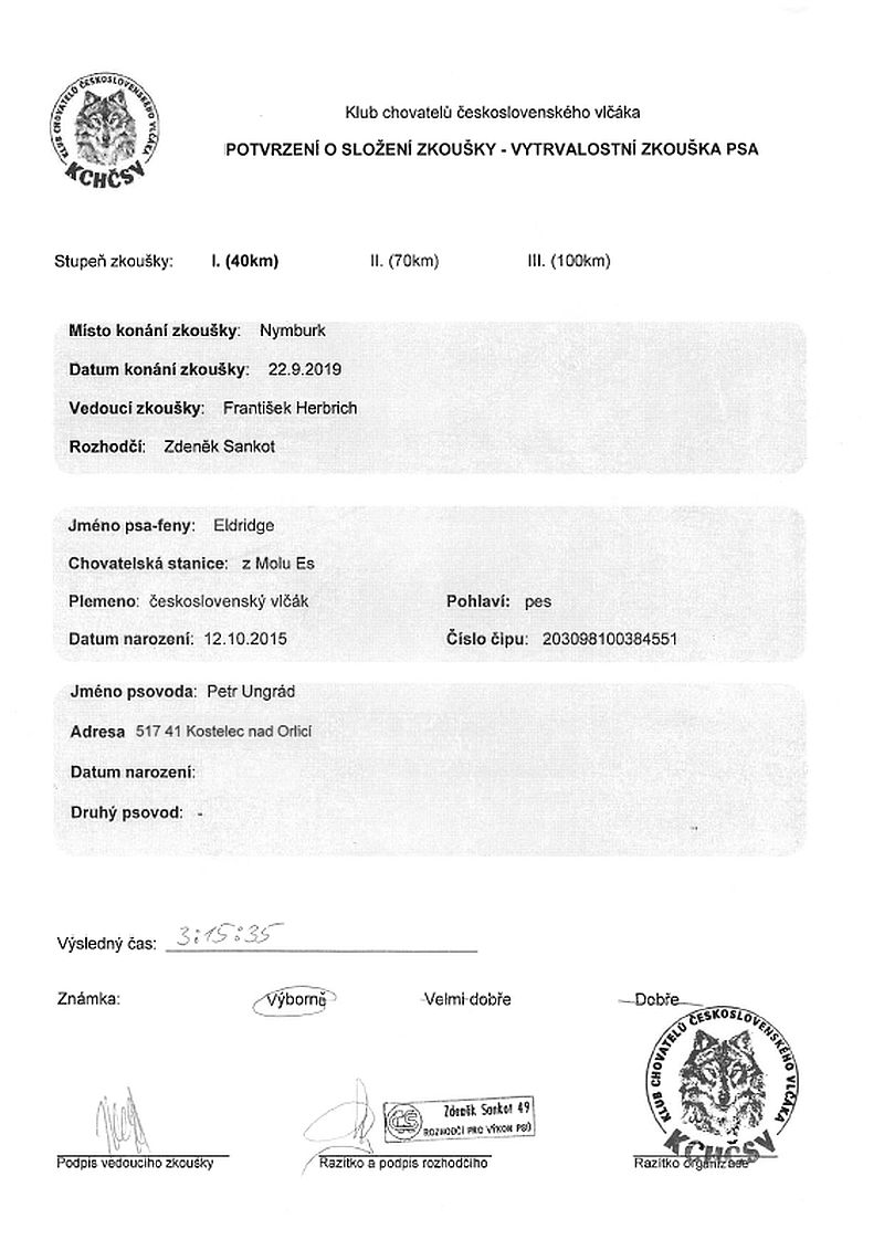 ZVP 1 certifikat - Eldridge z Molu Es