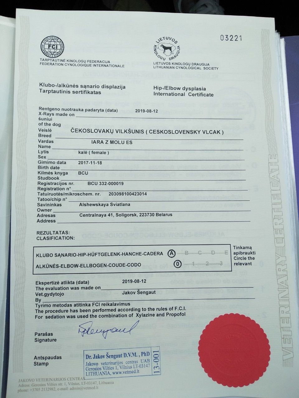Certifikat DKK a DLK Iara z Molu Es - Bělorusko