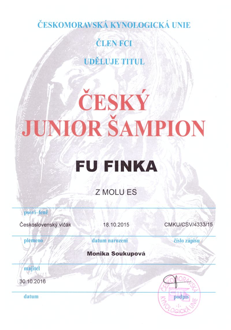 diplom pro Fu Finku - Český Junior Šampion
