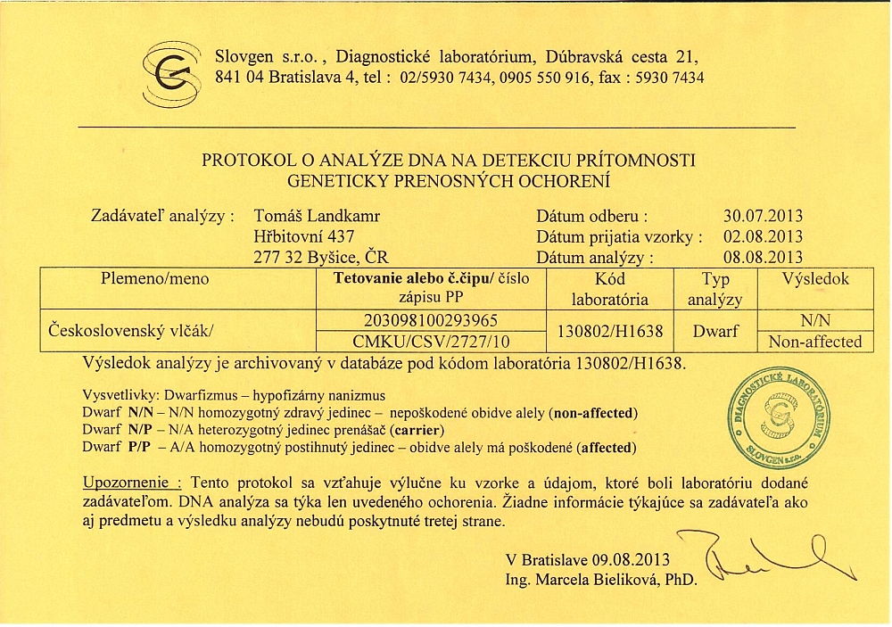 certifikát Zephiré z Molu Es - Dwarfismus -N/N