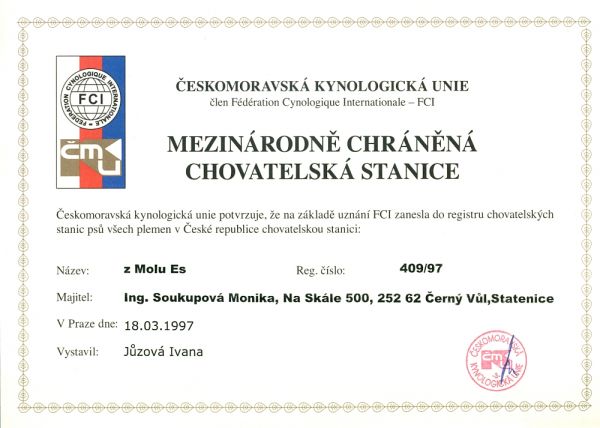 certifikát ch. stanice z Molu Es
